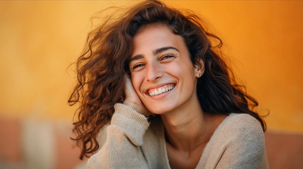 אישה עם שיער חום לבושה סריג בהיר מחייכת