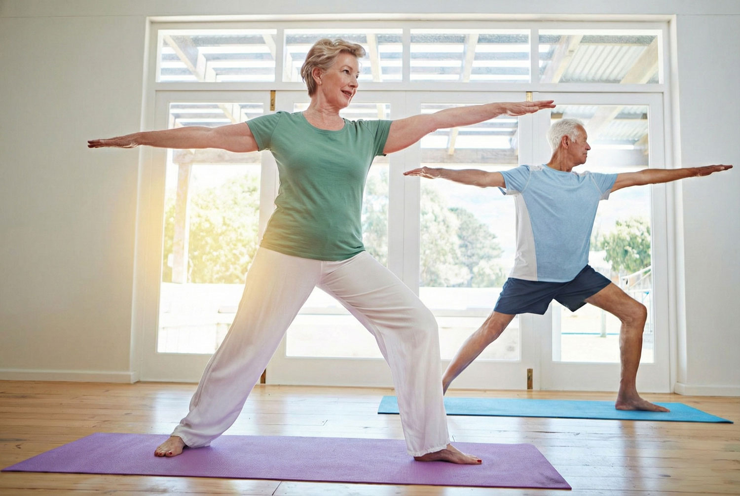 elderly woman and men doing pilates on mats